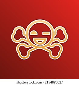 Crossbones sign. Golden gradient Icon with contours on redish Background. Illustration.