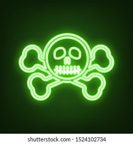 Crossbones sign. Green neon icon in the dark. Blurred lightening. Illustration.