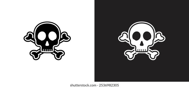 Crossbones and Skull vector icon flat. Dangerous crossbones and skull icon.  Biohazard, Toxic, Danger warning icon, Crossbones icon vector illustration in black and white background. 