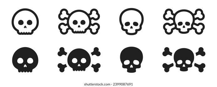 Juego de iconos de los cruces y del vector Skull. Caricatura cruzada e íconos del cráneo. Iconos del esqueleto de dibujos animados. Conjunto de iconos de cráneo.