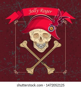 Crossbones skull in vintage frame on aged background. On the skull is a pirate hat. Top inscription - Jolly Roger. Vector illustration