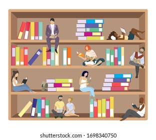 Crossbooking concept vector flat style design illustration. Diversity people reading books while sitting and lying on bookshelves. Library for exchange of books and spend good time.