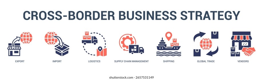 CrossBorder Business Strategy Modern and clean web banner illustration featuring thematic icons for visual communication