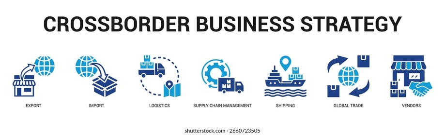 CrossBorder Business Strategy Modern and clean web banner illustration featuring thematic icons for visual communication