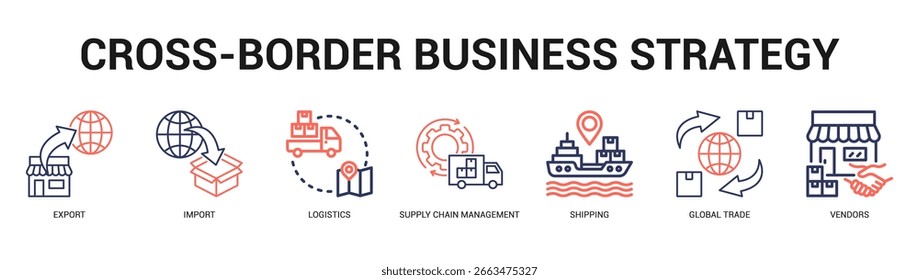 CrossBorder Business Strategy Modern and clean web banner illustration featuring thematic icons for visual communication