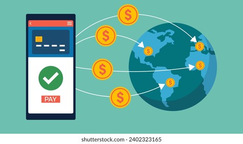 Transferencia transfronteriza de dinero a global con plataforma de portal de aplicaciones de banca digital y cartera móvil, diseño de ilustración de vectores planos