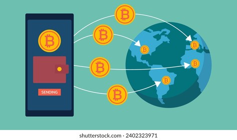 Cross-Border Money Transfer to Global with Digital Crypto Wallet and Bitcoin App Gateway Platform, Flat Vector Illustration Design