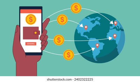 Cross-Border Money Transfer to Global with Hand holding Digital Wallet and Mobile Banking App Gateway Platform, Flat Vector Illustration Design