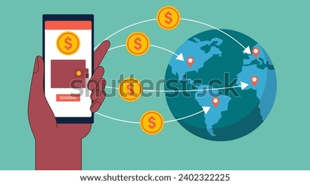 Cross-Border Money Transfer to Global with Hand holding Digital Wallet and Mobile Banking App Gateway Platform, Flat Vector Illustration Design