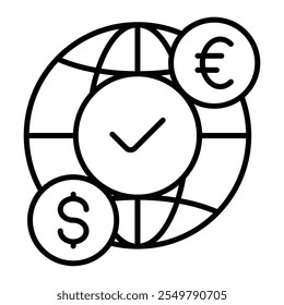 Icono de pago transfronterizo con globo, marca de verificación y símbolos de moneda