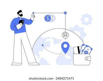 Cross-border payments abstract concept vector illustration. Man holding smartphone, making payments between different countries, blockchain technology, online transactions abstract metaphor.