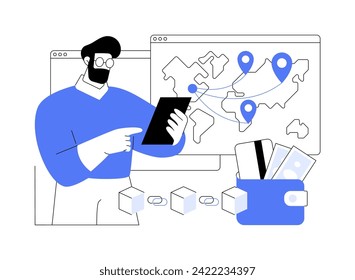 Cross-border payments isolated cartoon vector illustrations. Man holding smartphone, making payments between different countries, blockchain technology, online transactions vector cartoon.