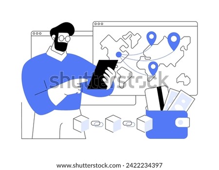 Cross-border payments isolated cartoon vector illustrations. Man holding smartphone, making payments between different countries, blockchain technology, online transactions vector cartoon.