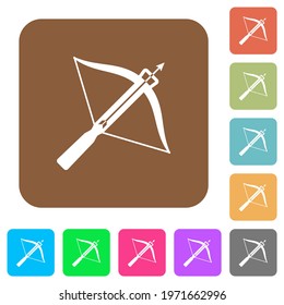 Crossbow with arrow flat icons on rounded square vivid color backgrounds.