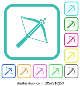 Crossbow with arrow vivid colored flat icons in curved borders on white background