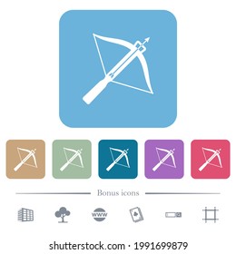 Crossbow with arrow white flat icons on color rounded square backgrounds. 6 bonus icons included