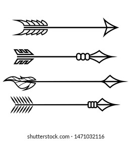 Crossbow arrows. Set of different arrow symbols. Hand drawn doodles. Vector illustration isolated on white background