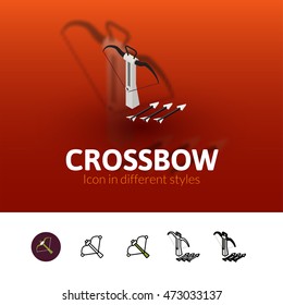 Crossbow color icon, vector symbol in flat, outline and isometric style isolated on blur background