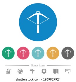 Crossbow flat white icons on round color backgrounds. 6 bonus icons included.