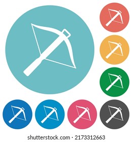 Crossbow flat white icons on round color backgrounds