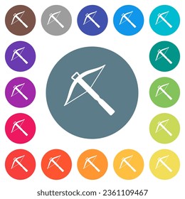 Crossbow flat white icons on round color backgrounds. 17 background color variations are included.