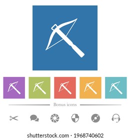 Crossbow flat white icons in square backgrounds. 6 bonus icons included.
