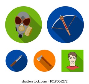 Crossbow, gas mask, ax, combat knife. Weapons set collection icons in flat style vector symbol stock illustration web.