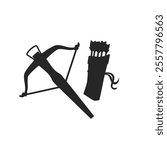 Crossbow and quiver icon. Isolated black symbol of medieval weapon. Hunter equipment. Arbalest simple art. Archery festival logo. Vector illustration