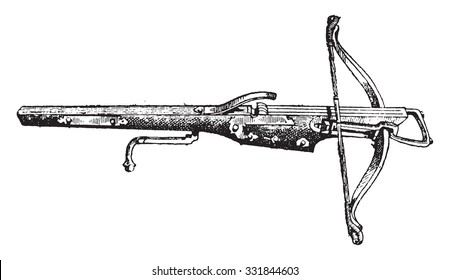 Crossbow round, vintage engraved illustration. Dictionary of words and things - Larive and Fleury - 1895.