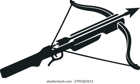 Crossbow silhouette with loaded bolt arrow, medieval weapon icon, isolated target hunting symbol on white background, danger defense sign