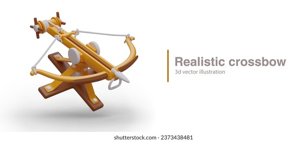 Crossbow toy in 3d realistic style on white background with place for text. Poster with weapon for computer game. Steel arms concept. Vector illustration
