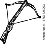 A crossbow is a type of elastic ranged weapon in similar principle to a bow, vintage line drawing or engraving illustration.
