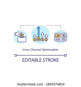 Cross-channel optimization concept icon. Omnichannel marketing idea thin line illustration. Measuring performance. Digital marketing. Vector isolated outline RGB color drawing. Editable stroke