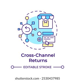 O canal cruzado retorna o ícone de conceito de várias cores. Estratégia de logística reversa. Comércio eletrônico. Interface digital. Ilustração de linha de forma redonda. Ideia abstrata. Design gráfico. Fácil de usar no artigo