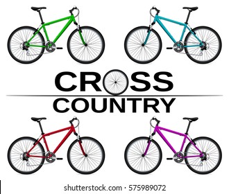 Cross-country bikes in different colors. Detail drawing. Isolated object. Vector Image.