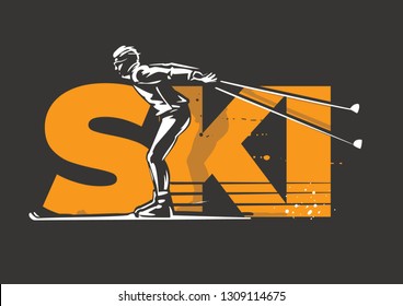 Cross-country ski emblem. Stylized skier on the dark background