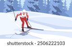 Cross-country skier in action in a snowy forest. Vector illustration