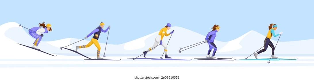Cross-country skiers set in motion on snowy landscape. Vector illustration