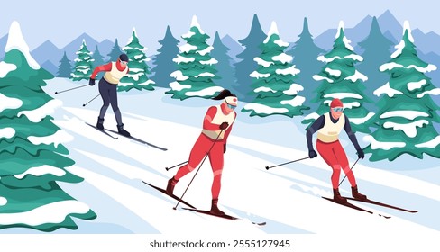 Cross-country skiers in snowy forest landscape. Vector illustration