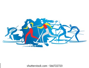 Cross-country Skiers.
Stylized colorful drawing of cross-country skiers. Vector available.