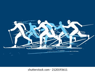 Cross-country skiing competition.
Expressive illustration of nordic skiing competitors on blue background. Vector available.