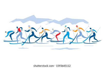 Cross-country skiing competition. Illustration of nordic skiing competitors with mountains on background. Vector available.