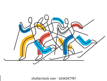 
Cross-country skiing competition, line art stylized. 
Illustration of three nordic skiing competitors. Isolated on white background. Vector available.