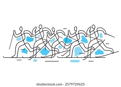 
Cross-country skiing, competition. 
llustration of five nordic skiing competitors on white background. Continuous line drawing design. Vector available.	