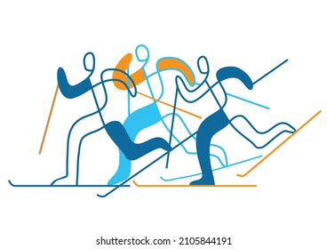 
Cross-country skiing, competition. 
llustration of nordic skiing competitors on white background. Continuous line drawing design. Vector available.