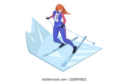 Cross-country skiing. Cross country skier. Winter sports activity. Young advanced woman on ski. Isometric vector illustration.