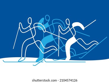 Cross-country skiing.
llustration of nordic skiing competitorson blue background. Continuous line drawing design. Vector available.