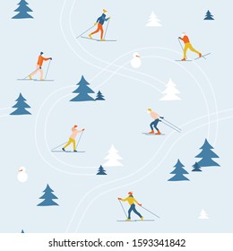 Cross-country skiing winter illustration vector seamless background