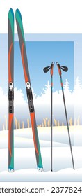 cross-country skis and ski poles with snow-covered trees in background