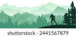 Cross-country-skiing in magical misty landscape. Mountains, forest in the background. Green illustration. Man, skiing. Horizontal nature picture, banner. 